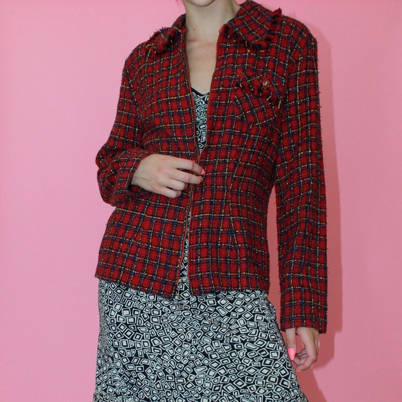 VTG 90s y2k Red/Black Plaid Tweed Fringe Boucle Zip-Up Blazer - Picture 2 of 9